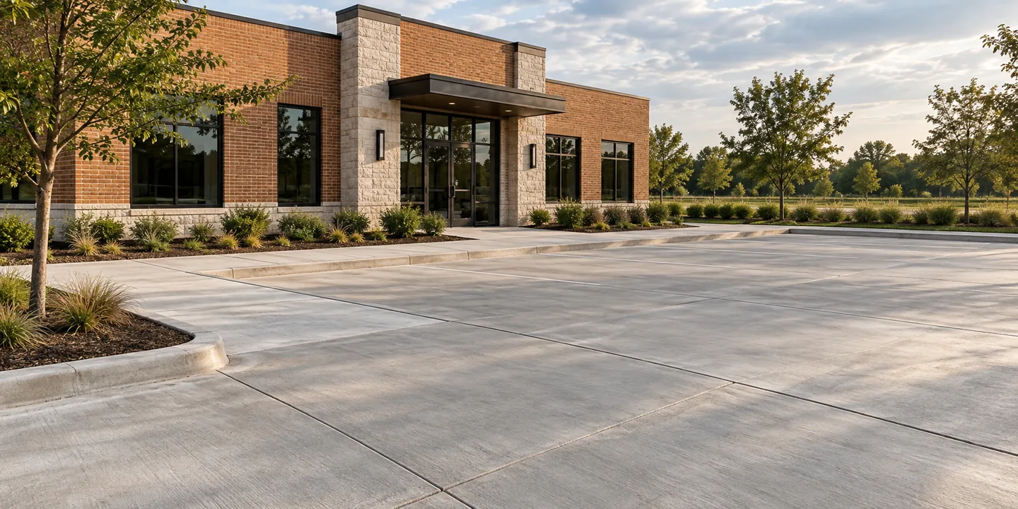 Concrete parking pad and pedestrian walk beside a brick commercial building