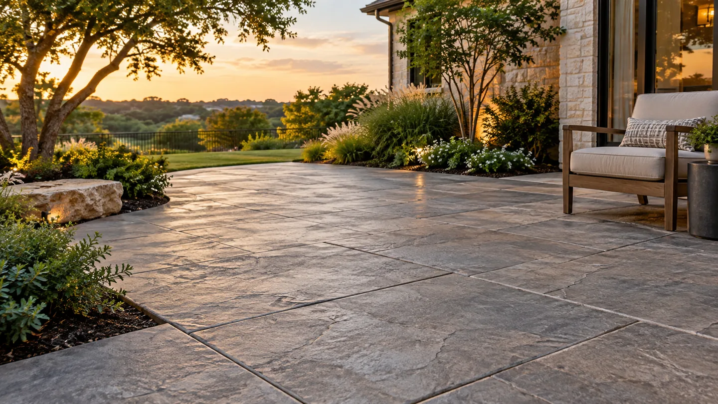 Warm gray stamped concrete patio with a large stone-style pattern
