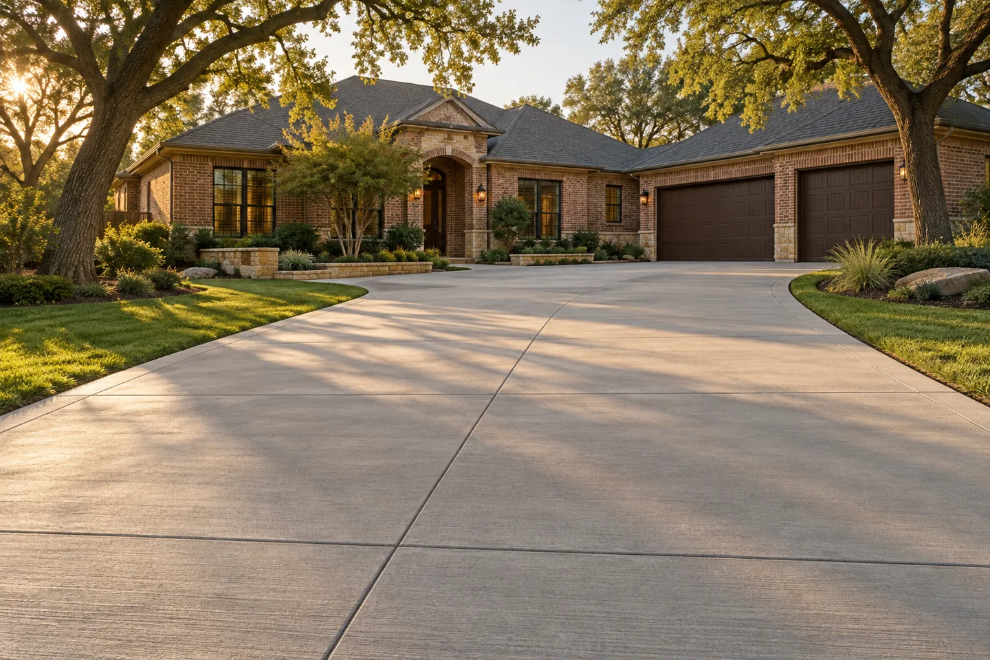 Visualization of a broad concrete driveway leading to a brick home