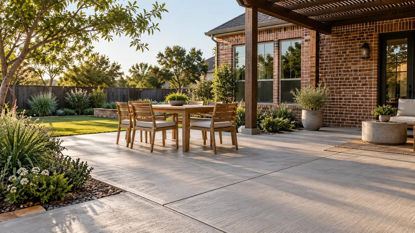 Concrete patio with an outdoor dining area beside a brick house