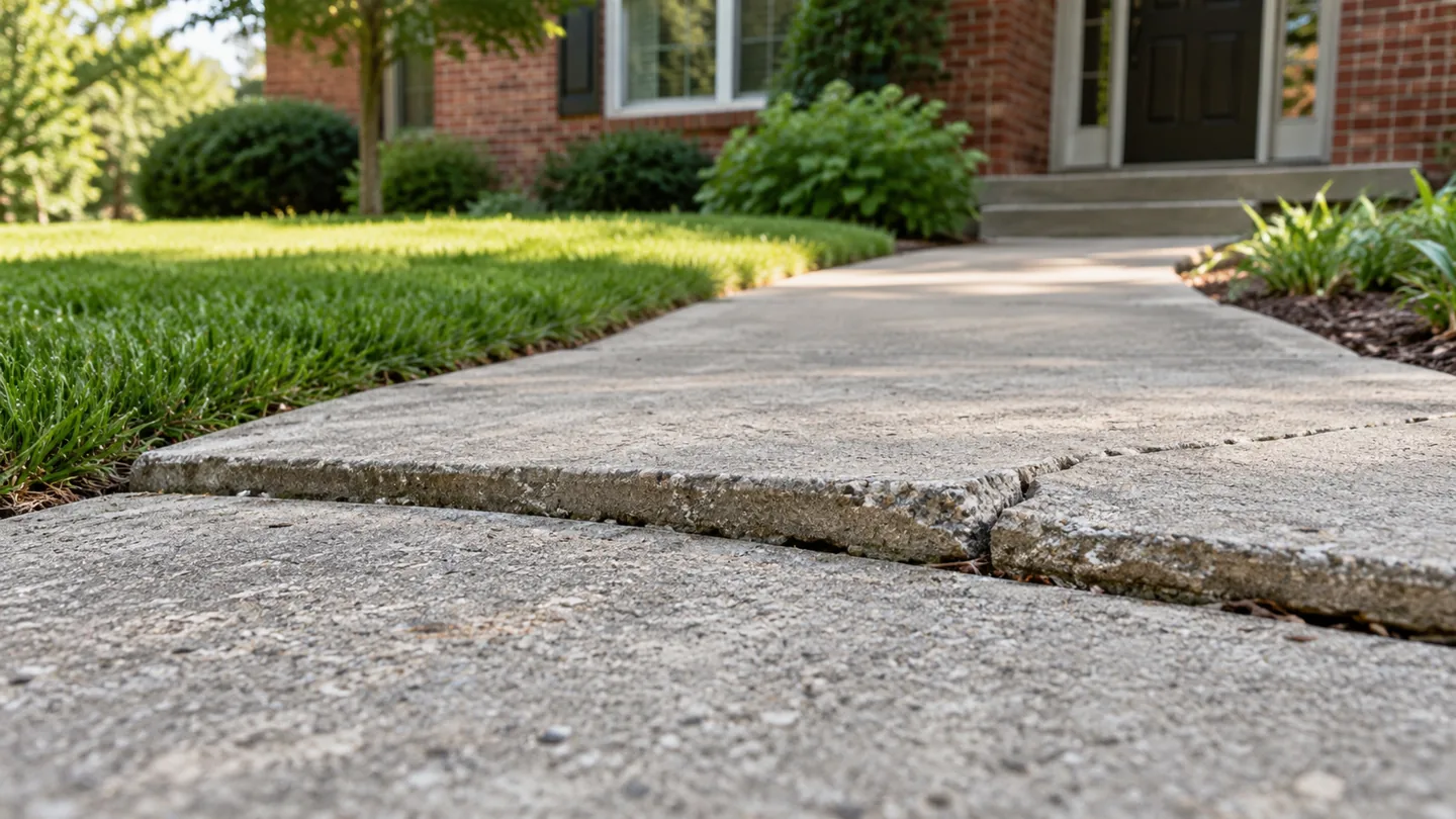 Uneven concrete walkway joint showing a settled panel