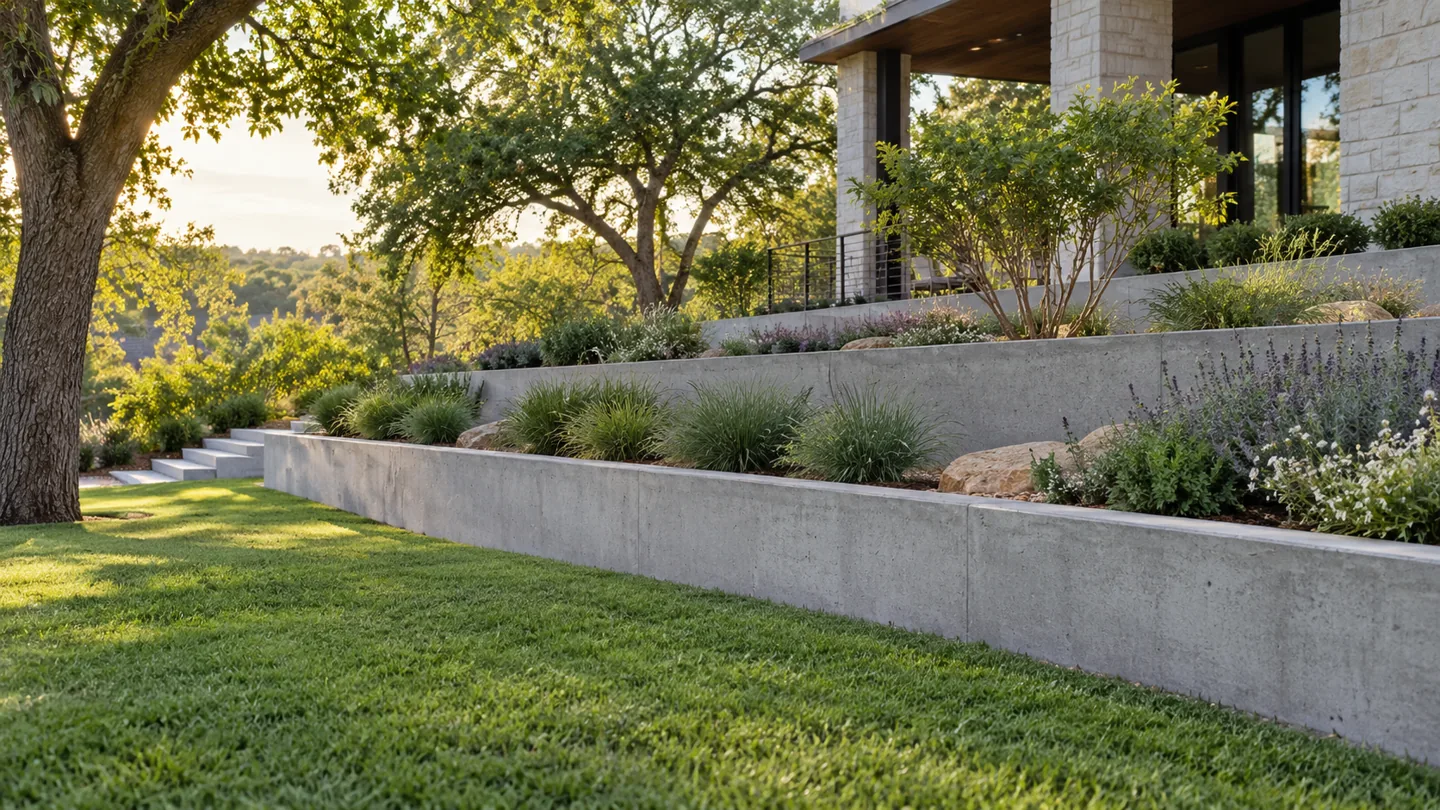 Low concrete retaining wall with planted terraces in a yard